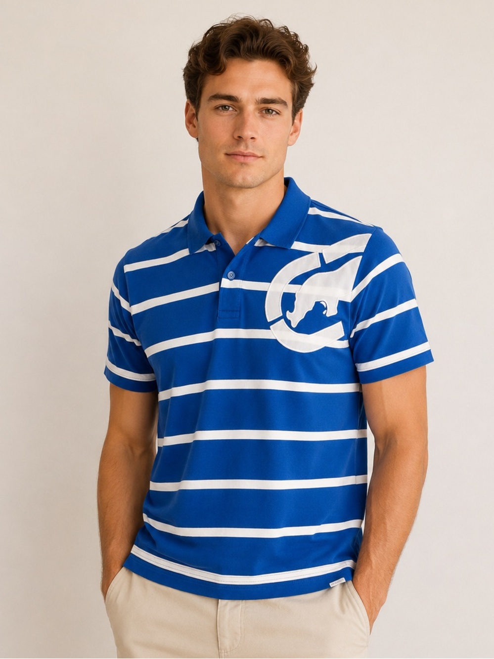 Ecko Unltd Blue & White Striped Polo Shirt XL 100% Cotton Rhino Logo Graphic